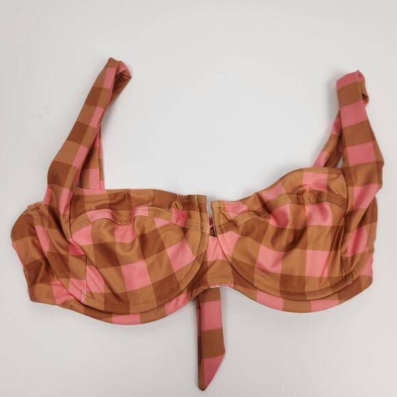 L*Space Camellia Bikini Top in Gingham Plaid Pink Brown Size DD NWT Underwire - Picture 2 of 5